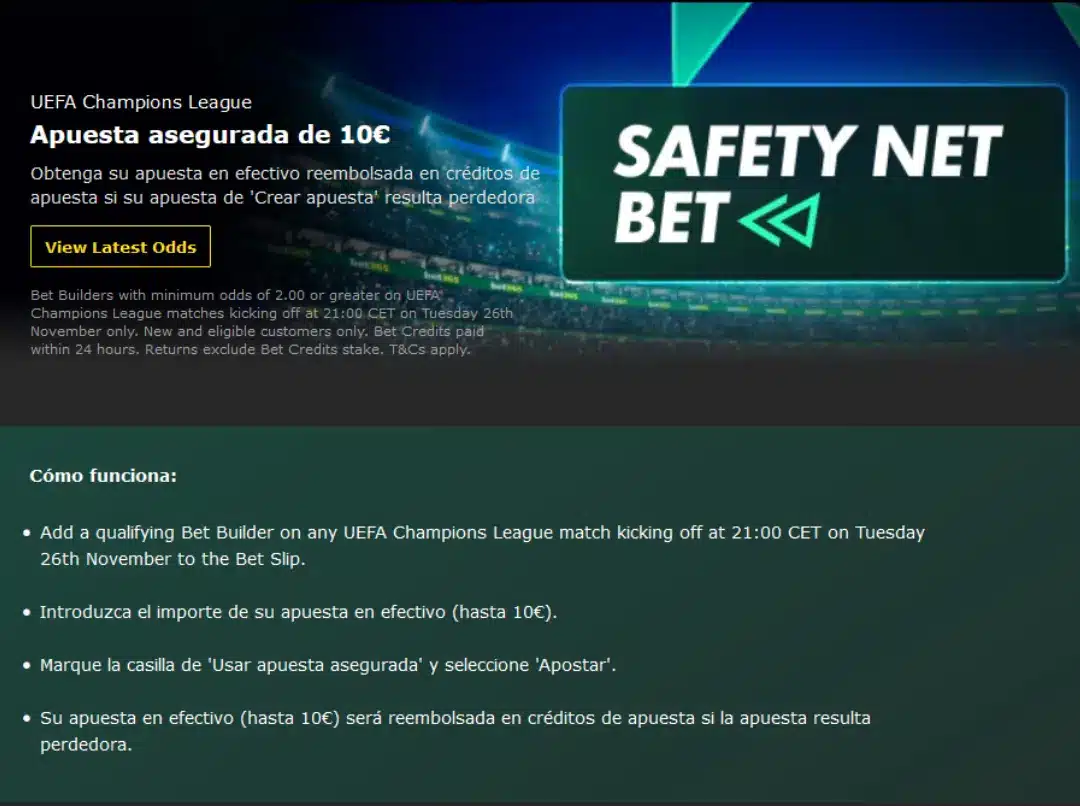 Captura de pantalla de bet365 con la promoción: apuesta-asegurada 10€